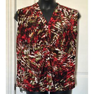 Jones Studio Womens Sleeveless V-Neck Top Size 14W Red/Black/Green Abstract Prin